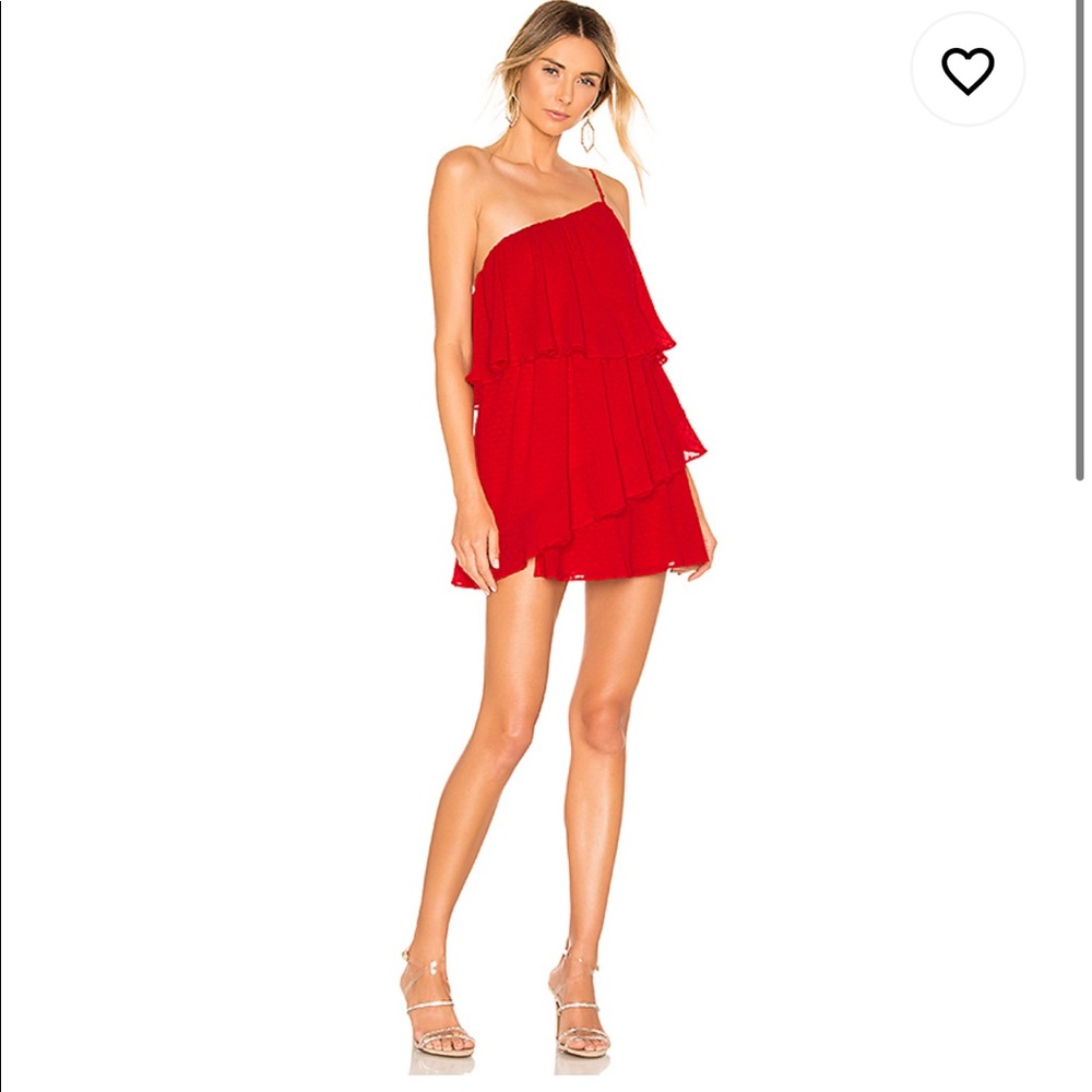 Red mini dress, tiered one-shoulder